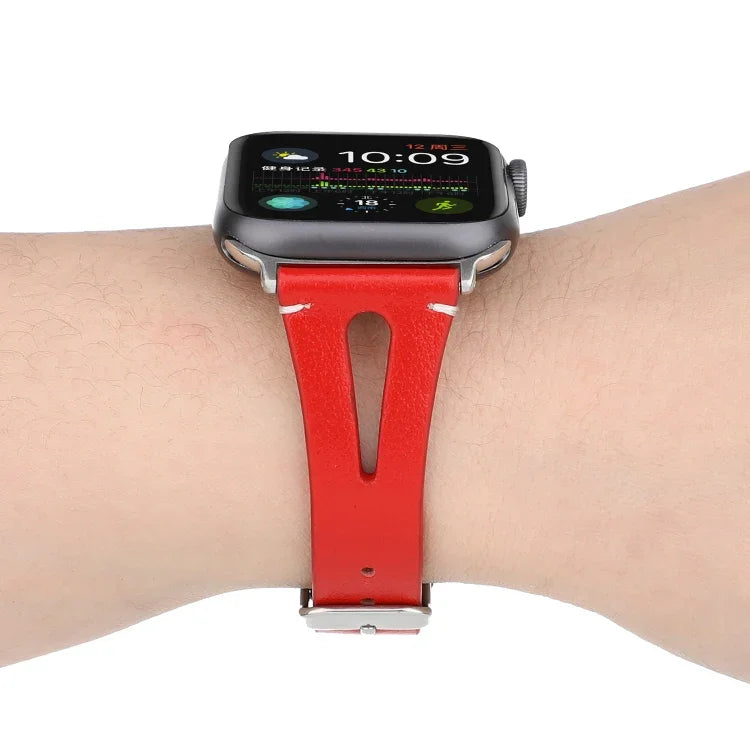 Simple V-shaped Leather Watch Band for Apple Watch Series 7 41mm / 6 & SE & 5 & 4 40mm / 3 & 2 & 1 38mm
