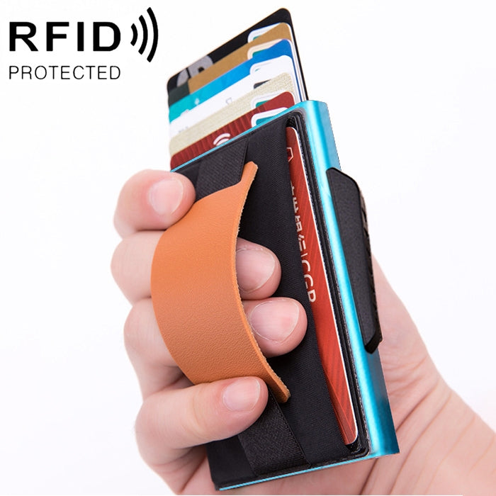 X-32C Automatically Pop-up Card Type Anti-magnetic RFID Anti-theft Men Aluminum Alloy B Dial Button Elastic Bag Wallet with PU Leather Strap, X-32C B Dial Button Blue, X-32C B Dial Button Black, X-32C B Dial Button Grey