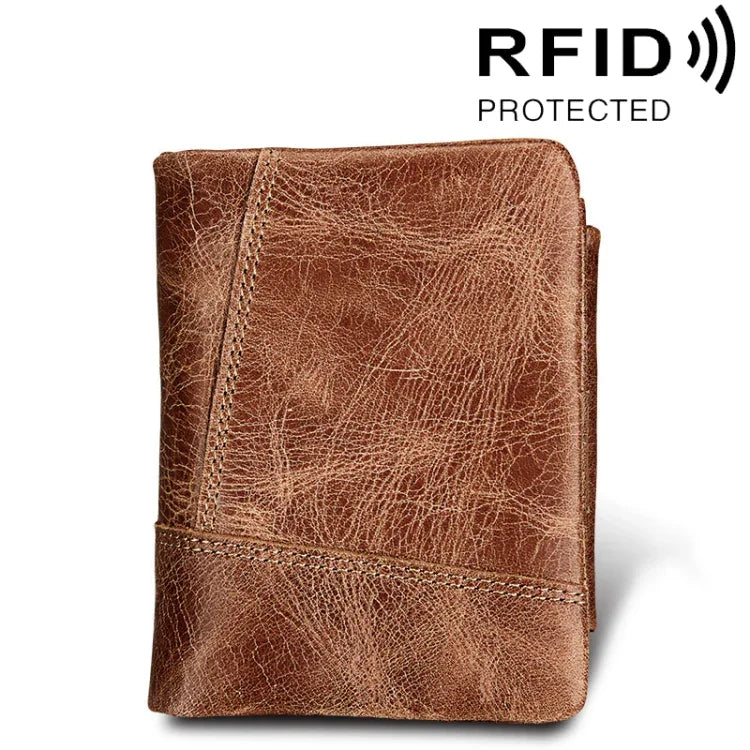 Genuine Cowhide Leather Crazy Horse Texture Zipper 3-folding Short Style Card Holder Wallet RFID Blocking Coin Purse Card Bag Protect Case for Men, Size: 12*9.5*4cm(Taupe), 3585