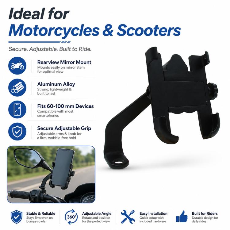 Motorcycle Rear View Mirror Aluminum Alloy Phone Bracket, Suitable for 60-100mm Device, Rear View Mirror for 60-100mm