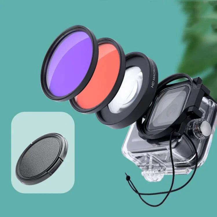 RUIGPRO for GoPro HERO8 58mm 16X Macro Lens + Red/Purple Diving Lens  Filter + Dive Housing Waterproof Case Kits with Filter Adapter Ring & Lens Cap