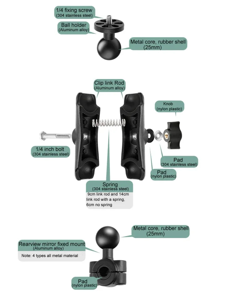 6cm Connecting Rod Fixed Motorcycle Mount Holder for GoPro, Insta360, DJI and Other Action Cameras, 6cm Connecting Rod