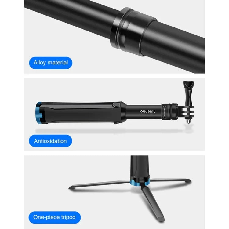 RUIGPRO One-piece Handheld Tripod Selfie Stick Telescopic Monopod Mount for GoPro, Insta360, DJI and Other Action Cameras, Black)