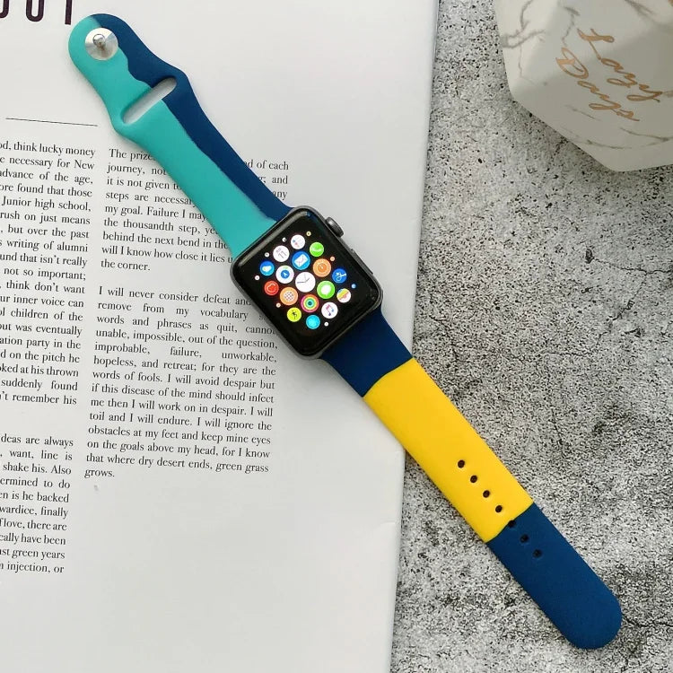 Silicone Color Matching Replacement Watchbands For Apple Watch Series 6 & SE & 5 & 4 44mm / 3 & 2 & 1 42mm, For Apple Watch 44mm/42mm(Black+Red+White), For Apple Watch 44mm/42mm(Light Blue+Dark Blue+Yellow)                                              ...