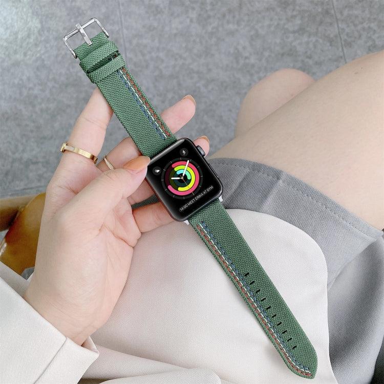 Three Lines Canvas Replacement Strap Watchband for Apple Watch, soft and adjustable, shown on wrist with watch