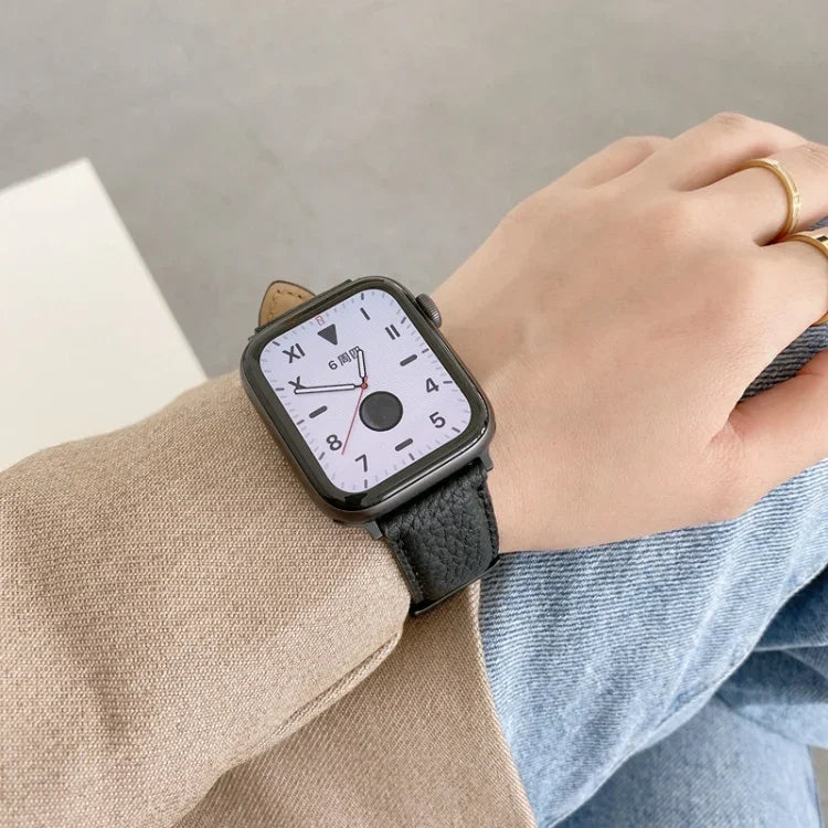 Sewing Thread Lychee Texture Leather Replacement Watchbands, For Apple Watch Ultra 49mm / Series 8&7 45mm / SE 2&6&SE&5&4 44mm / 3&2&1 42mm, For Series 7 41mm / 6 & SE & 5 & 4 40mm / 3 & 2 & 1 38mm