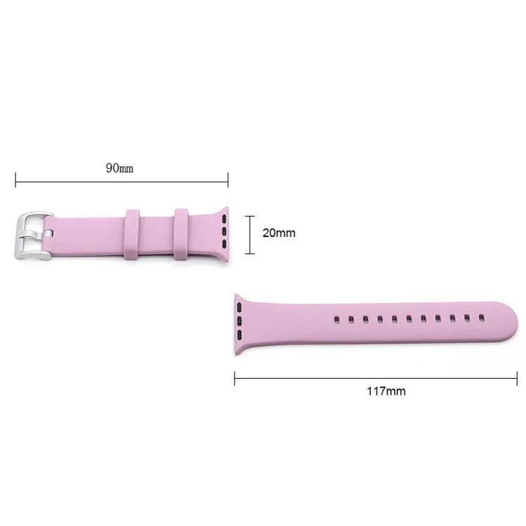 Silver silicone replacement watch strap, showing dimensions 90mm and 117mm. Soft, adjustable pink silicone design.
