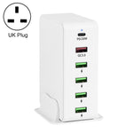 6 in 1 65W PD USB-C / Type-C + QC 3.0 USB + 4 USB Multi-port Travel Charger,, US Plug, EU Plug, UK Plug, AU Plug