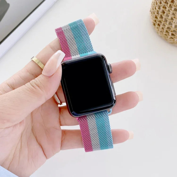 Milanese replacement strap for Apple Watch, four-color design shown on wrist, compatible with multiple watch sizes.
