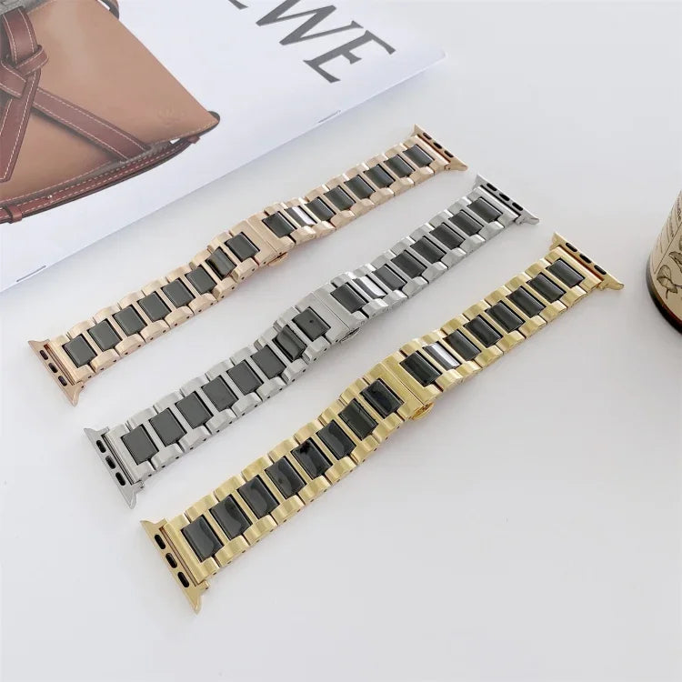 22mm Width Three Beads Ceramics Steel Replacement Strap Watchband For Apple Watch Series, 7 41mm / 6 & SE & 5 & 4 40mm / 3 & 2 & 1 38mm, 7 45mm / 6 & SE & 5 & 4 44mm / 3 & 2 & 1 42mm