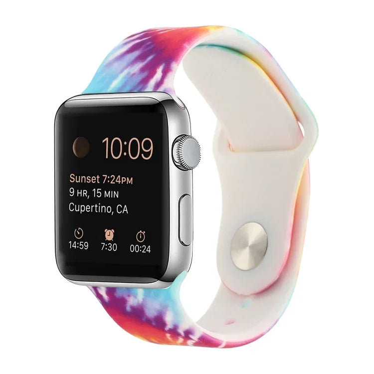 Silicone Painted Pattern Replacement Watchband For Apple Watch Series, 7 41mm / 6 & SE & 5 & 4 40mm / 3 & 2 & 1 38mm, 7 45mm / 6 & SE & 5 & 4 44mm / 3 & 2 & 1 42mm