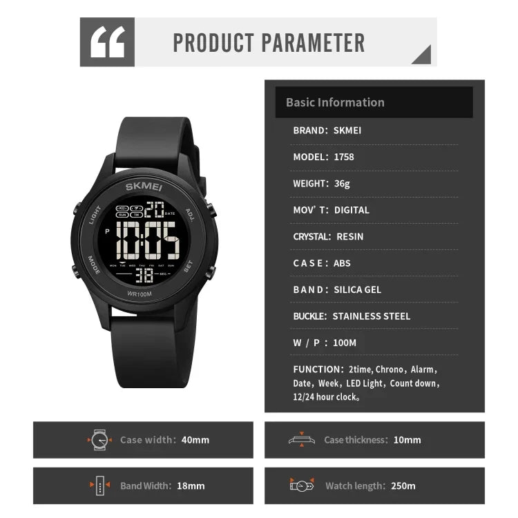 SKMEI 1758 Multifunctional LED Digital Display Luminous Silicone Strap Electronic Watch
