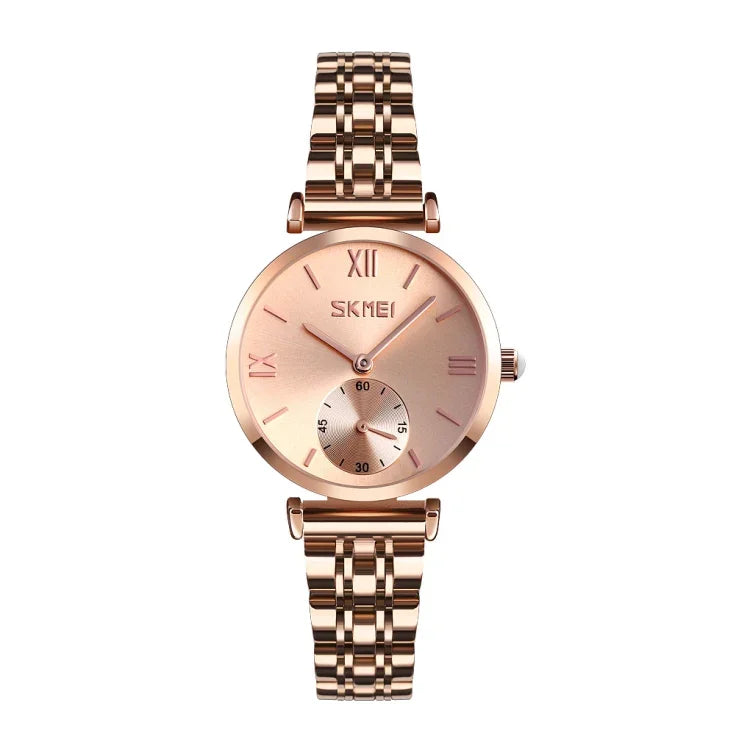 SKMEI 9198 Simple Roman Numeral Dial Metal Belt Quartz Watch for Couples