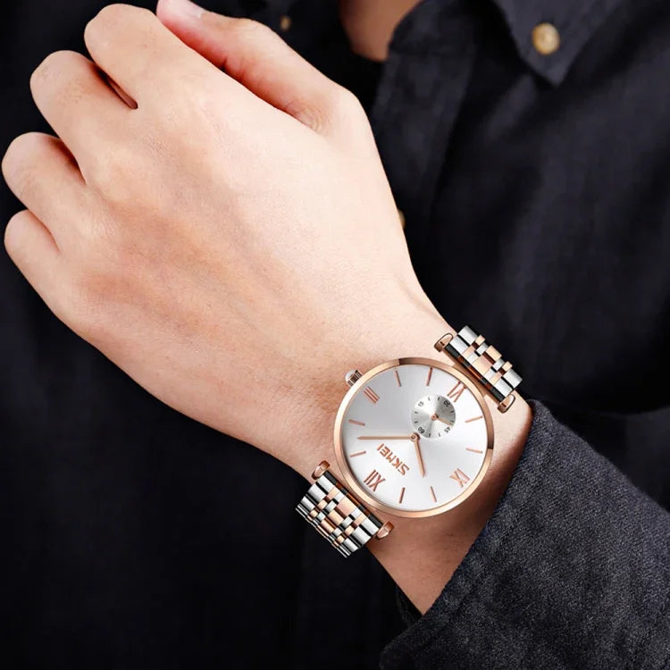 SKMEI 9198 Simple Roman Numeral Dial Metal Belt Quartz Watch for Couples