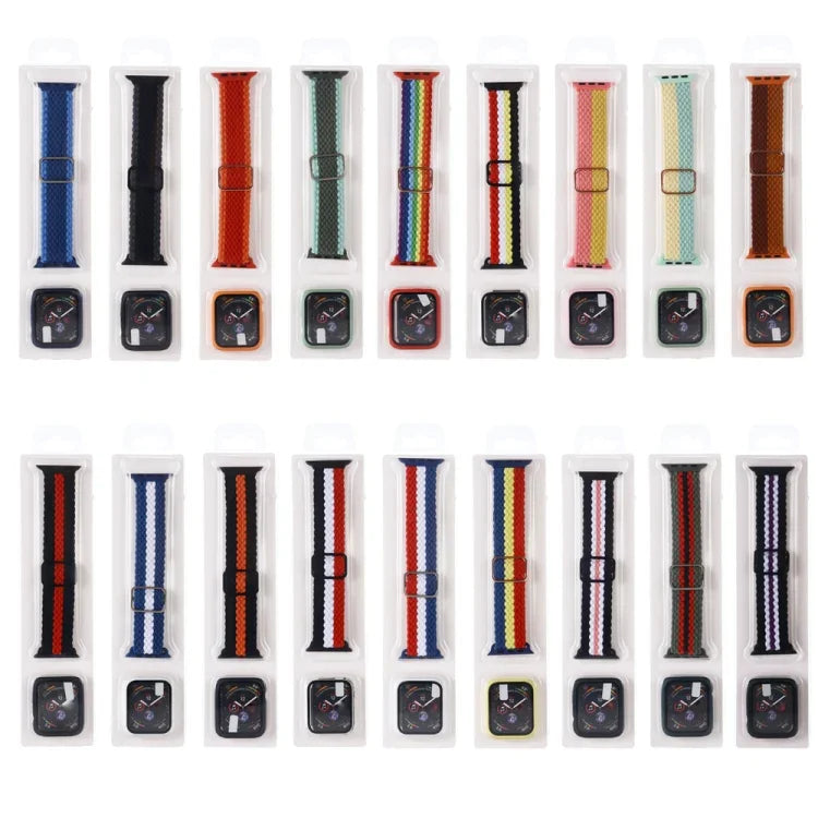 Adjustable Striped Woven Nylon Watchband + Watch Case Set For Apple Watch Series, 7 41mm/6&SE&5&4 40mm/3&2&1 38mm, 7 45mm/6&SE&5&4 44mm/3&2&1 42mm
