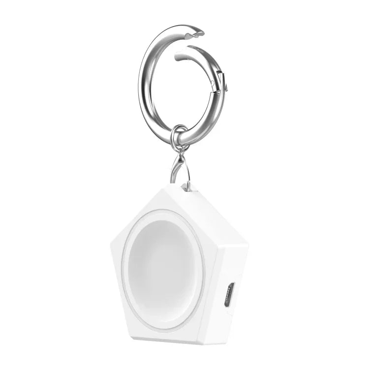 Universal smart watch charger for Samsung Galaxy Watch with spring key chain attachment for easy portability.