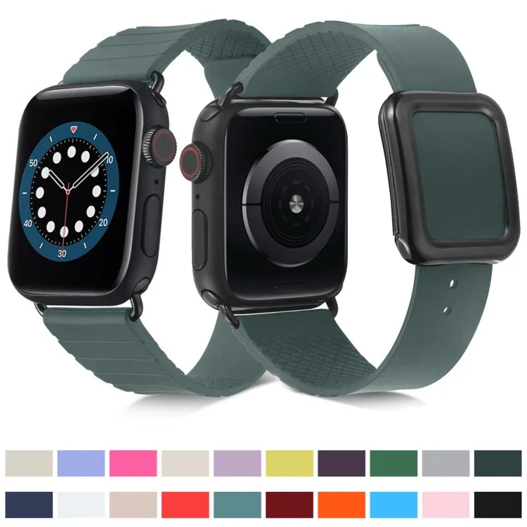Black Square Buckle Silicone Watch Band For Apple Watch Series, 7 45mm / 6&SE&5&4 44mm / 3&2&1 42mm, 7 41mm / 6&SE&5&4 40mm / 3&2&1 38mm