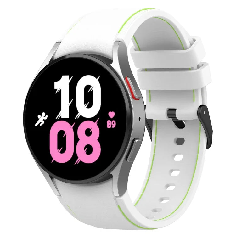 Silicone watch band for Samsung Galaxy on a smartwatch, featuring a white strap with stylish design and adjustable fit.