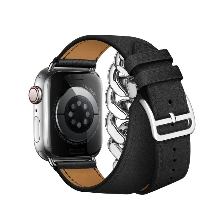 Double Loop Genuine Leather Stainless Steel Watch Band, For Apple Watch Ultra 49mm / Series 8&7 45mm, For Apple Watch Series 8&7 41mm