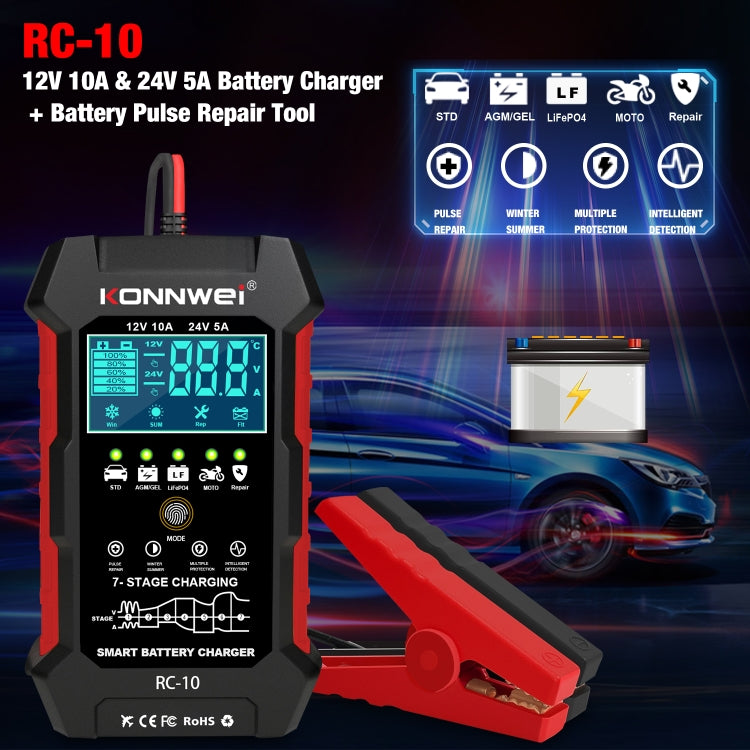 KONNWEI CR-10 2.4 inch Car Battery Charger Battery Pulse Repair Tool, EU Plug, US Plug, UK Plug