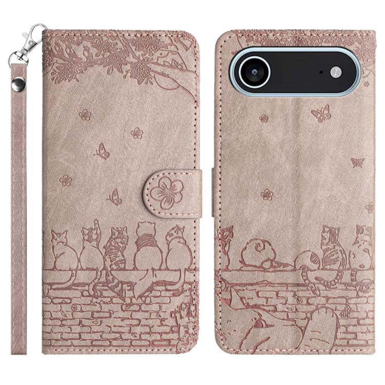 Cat Embossing Pattern Leather Phone Case with Lanyard, For iPhone 16e / 17e, For iPhone 17 Pro Max, For iPhone 17 Pro, For iPhone 17, For iPhone Air, For iPhone 16 Pro Max, For iPhone 16 Pro, For iPhone 16 Plus, For iPhone 16