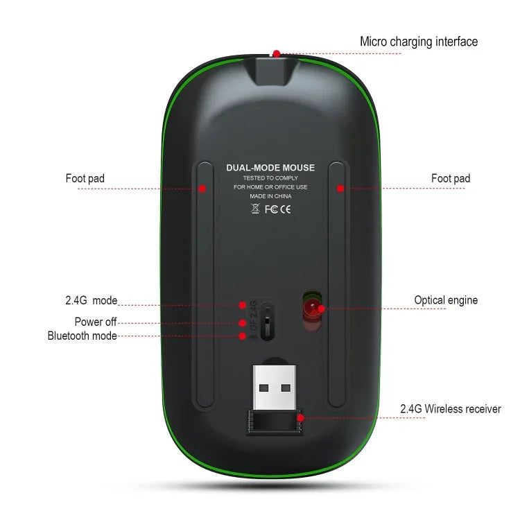 HXSJ T18 2.4GHZ 1600dpi Dual-mode Light-emitting Wireless Mouse USB + Bluetooth 5.1 Rechargeable