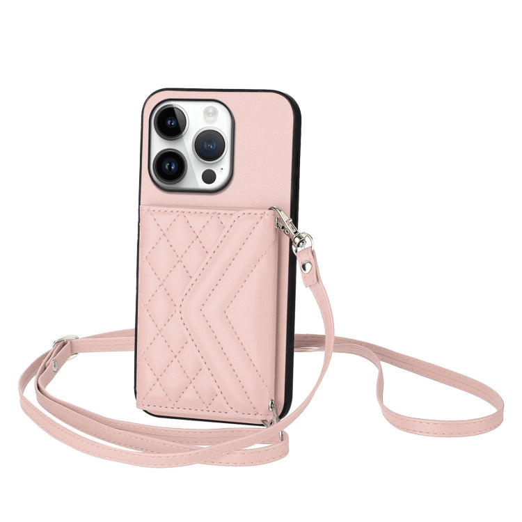Rhombic Texture Card Bag RFID Phone Case with Long Lanyard, For iPhone 17 Pro Max, For iPhone 17 Pro, For iPhone 17, For iPhone Air, For iPhone 16 Pro Max, For iPhone 16 Pro, For iPhone 16 Plus, For iPhone 16
