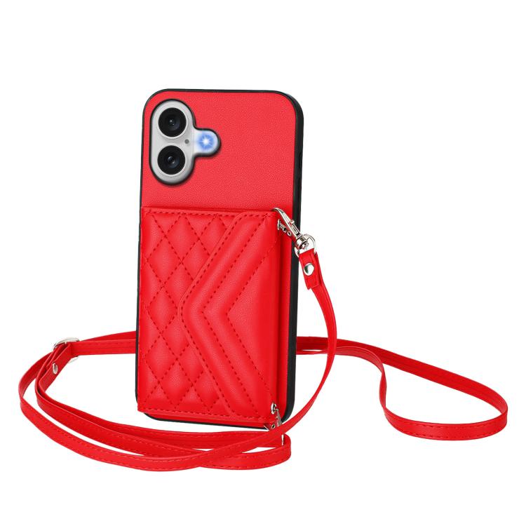 Rhombic Texture Card Bag RFID Phone Case with Long Lanyard, For iPhone 17 Pro Max, For iPhone 17 Pro, For iPhone 17, For iPhone Air, For iPhone 16 Pro Max, For iPhone 16 Pro, For iPhone 16 Plus, For iPhone 16