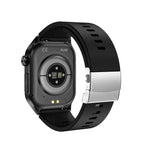 Back view of ET580 sports smart watch with ECG and Bluetooth, showcasing its sensors and sleek black band.