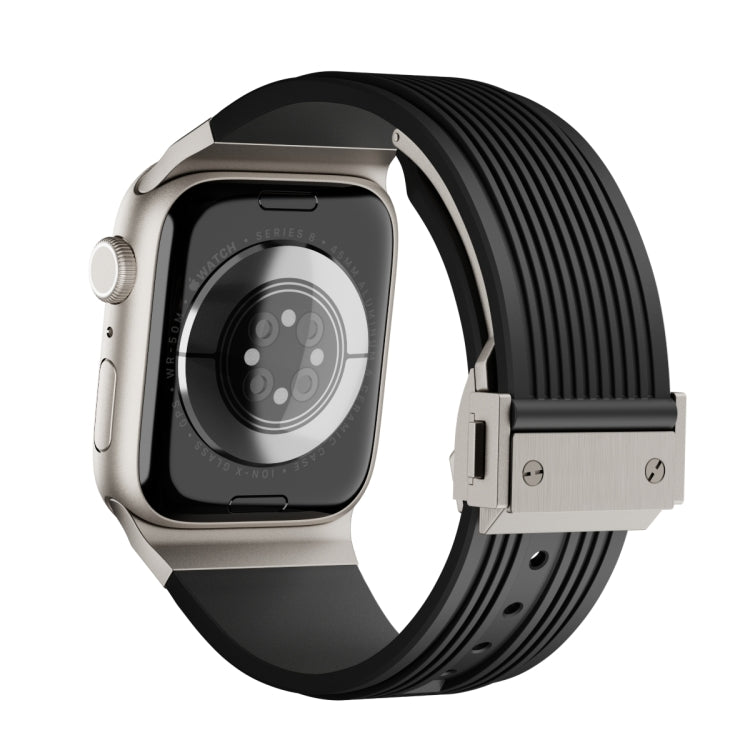 Vertical Texture Titanium Buckle Elastic Silicone Watch Band, For Apple Watch Series 10 46mm, For Apple Watch Series 10 42mm, For Apple Watch SE 2023 44mm, For Apple Watch Ultra 2 49mm, For Apple Watch Series 9 45mm, For Apple Watch Ultra 49mm         ...