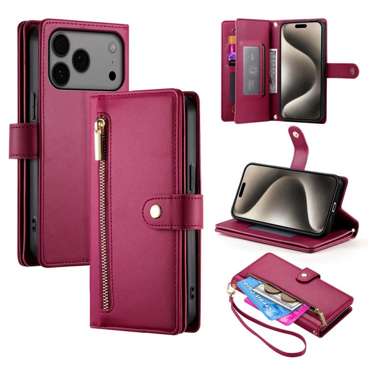 Nine Card-slot Zipper Wallet Bag Leather Phone Case, For iPhone 17 Pro Max, For iPhone 17 Pro, For iPhone 17, For iPhone Air, For iPhone 16e, For iPhone 16 Pro Max, For iPhone 16 Pro, For iPhone 16 Plus