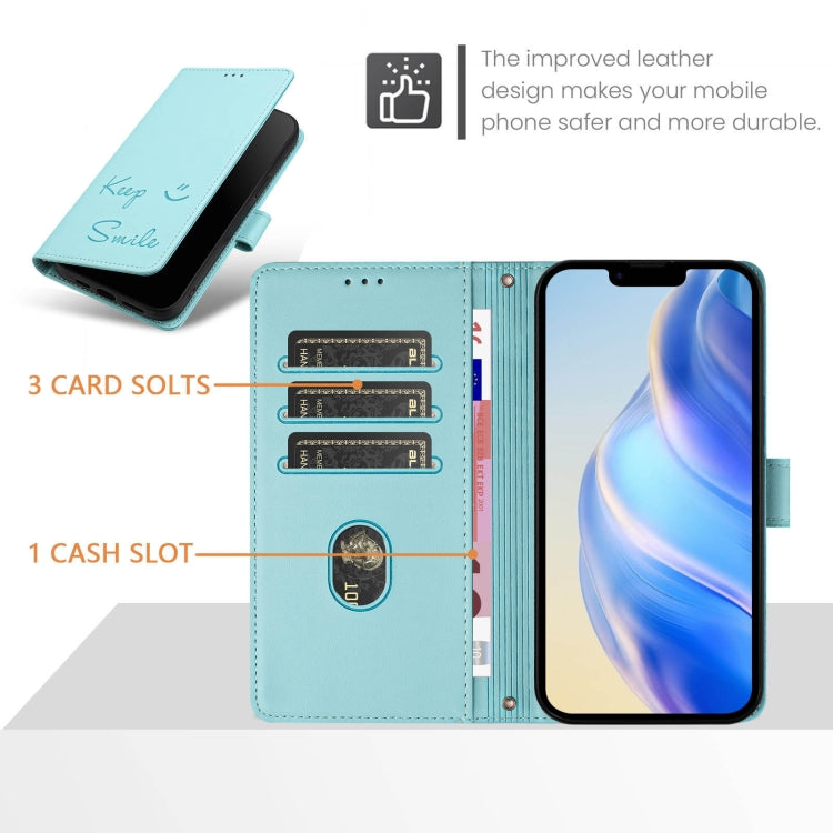 Smile Embossing RFID Leather Phone Case, For iPhone 16, For iPhone 15 Pro Max, For iPhone 15 Pro, For iPhone 15 Plus, For iPhone 15, For iPhone 14 Plus, For iPhone 14 / 13, For iPhone 14 Pro