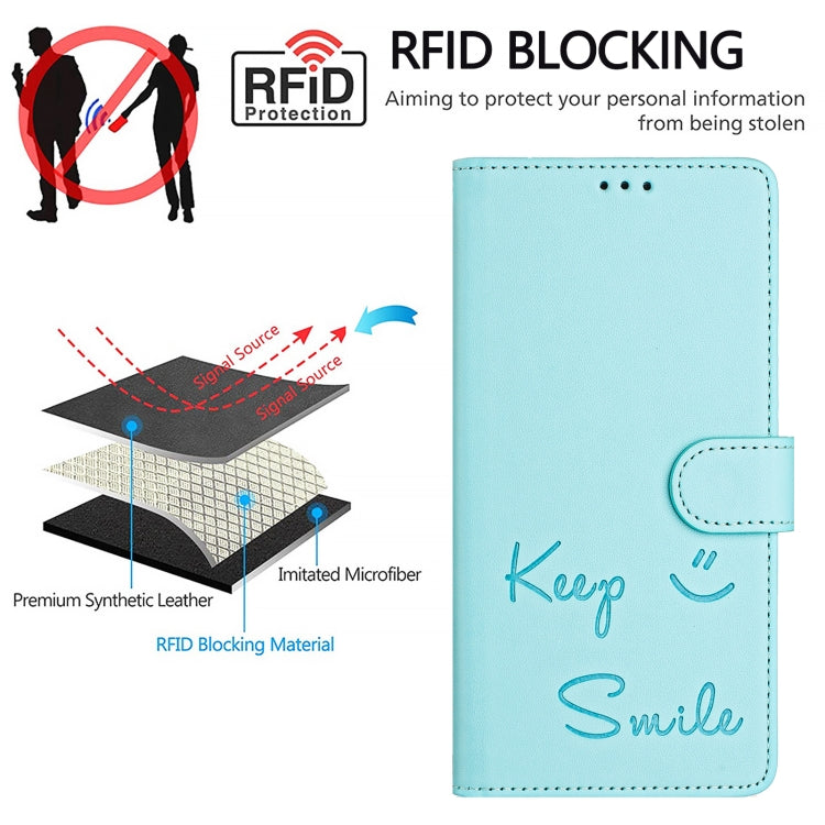 Smile Embossing RFID Leather Phone Case, For iPhone 16, For iPhone 15 Pro Max, For iPhone 15 Pro, For iPhone 15 Plus, For iPhone 15, For iPhone 14 Plus, For iPhone 14 / 13, For iPhone 14 Pro