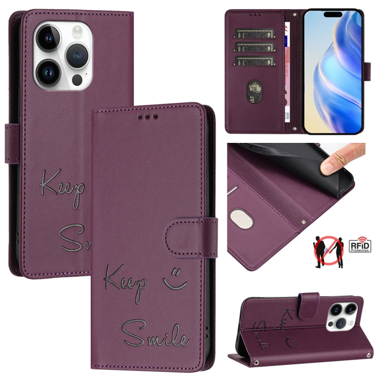 Smile Embossing RFID Leather Phone Case, For iPhone 16, For iPhone 15 Pro Max, For iPhone 15 Pro, For iPhone 15 Plus, For iPhone 15, For iPhone 14 Plus, For iPhone 14 / 13, For iPhone 14 Pro