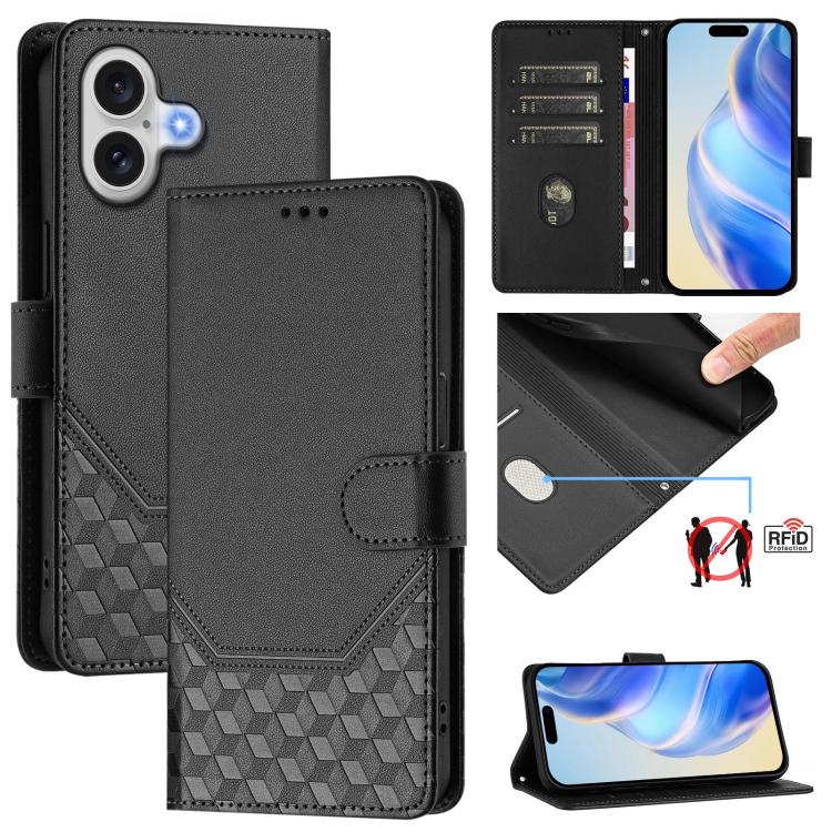 Honeycomb Embossing RFID Leather Phone Case, For iPhone 17e / 16e, For iPhone 17 Pro Max, For iPhone 17 Pro, For iPhone 17, For iPhone Air, For iPhone 16 Pro Max, For iPhone 16 Pro, For iPhone 16 Plus