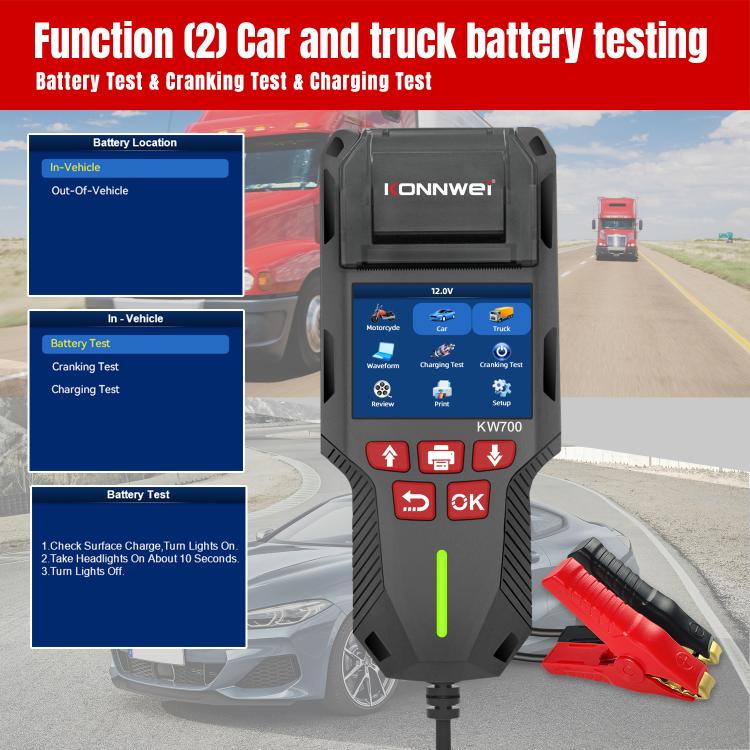 KONNWEI KW700 12V / 24V 2.8 inch Color Screen Car Battery Tester with Printer, KW700