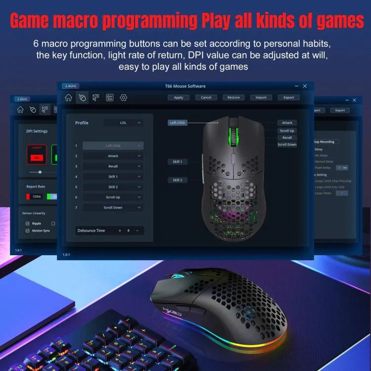 HXSJ T66 3 Modes Wired 2.4G BT5.3 Wireless RGB Rechargeable Mouse, T66