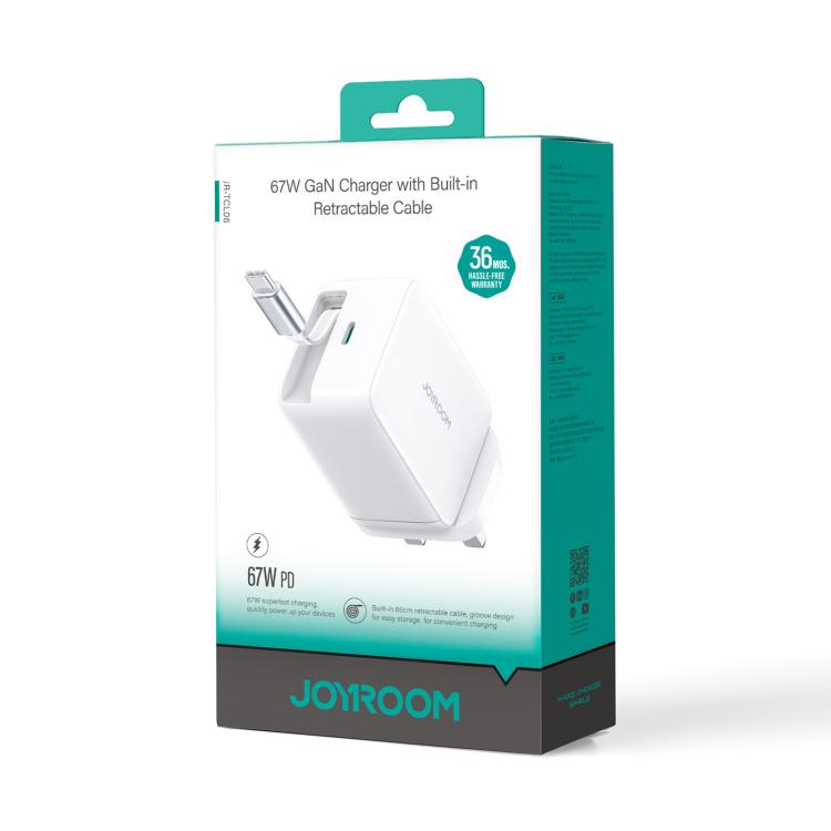 JOYROOM JR-TCL06 67W USB-C / Type-C Port GaN Fast Charger with Retractable Cable, UK Plug