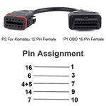 OBD Truck Diagnostic Cable for Komatsu / Cummins, 12 Pin to 16 Pin