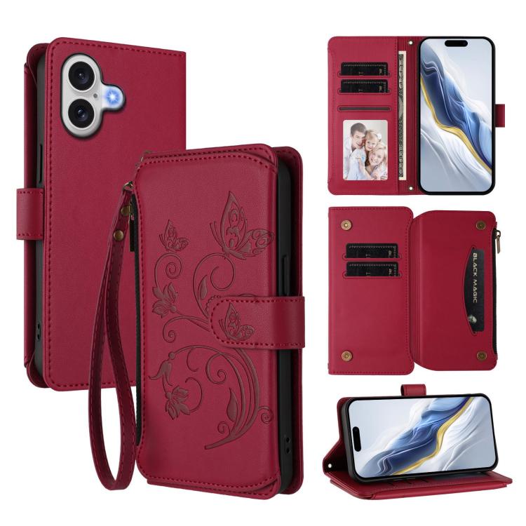 Butterfly Love Flower Multi-card Zipper Wallet Leather Phone Case, For iPhone 17e / 16e, For iPhone 17 Pro Max, For iPhone 17 Pro, For iPhone 17, For iPhone Air, For iPhone 16 Pro Max