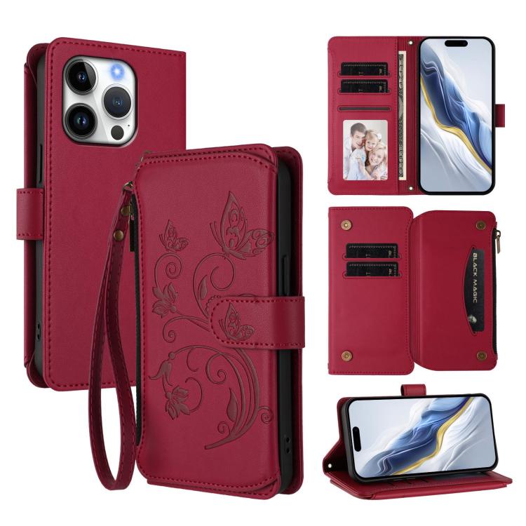 Butterfly Love Flower Multi-card Zipper Wallet Leather Phone Case, For iPhone 17e / 16e, For iPhone 17 Pro Max, For iPhone 17 Pro, For iPhone 17, For iPhone Air, For iPhone 16 Pro Max