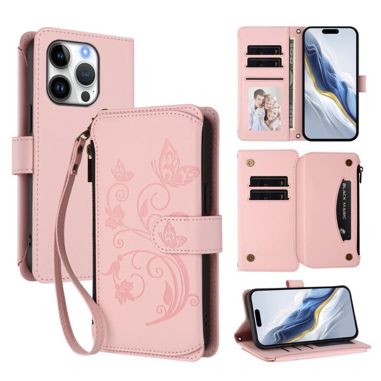 Butterfly Love Flower Multi-card Zipper Wallet Leather Phone Case, For iPhone 17e / 16e, For iPhone 17 Pro Max, For iPhone 17 Pro, For iPhone 17, For iPhone Air, For iPhone 16 Pro Max