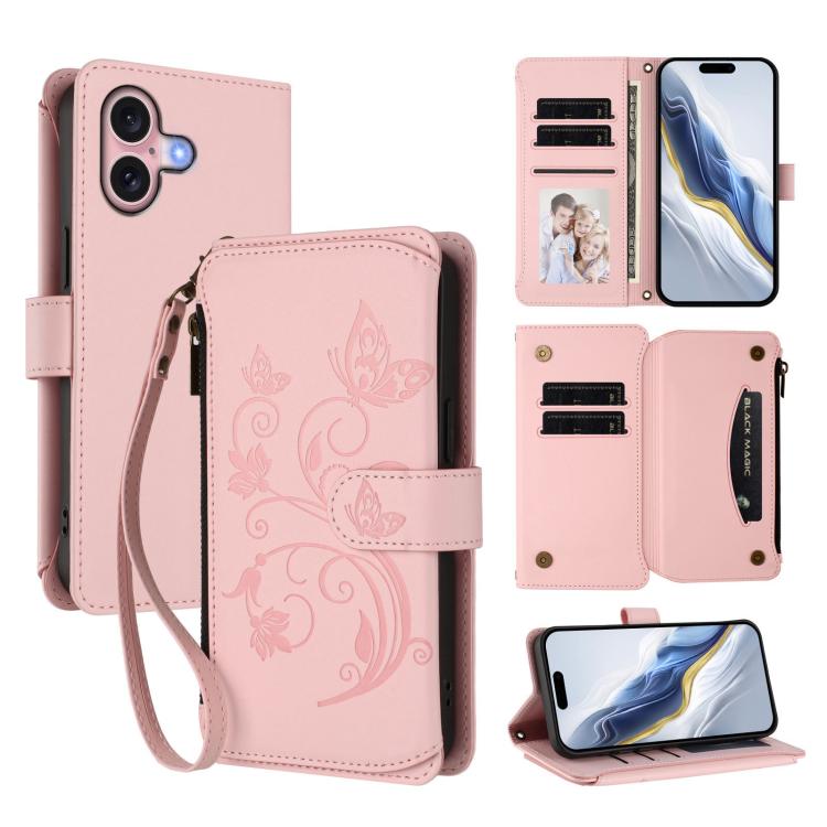 Butterfly Love Flower Multi-card Zipper Wallet Leather Phone Case, For iPhone 16 Pro, For iPhone 16 Plus, For iPhone 16, For iPhone 15 Pro Max, For iPhone 15 Pro, For iPhone 15 Plus