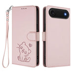 Embossed Heart Cat Leather Phone Case with Hand Strap, For iPhone Air, For iPhone 16 Pro Max, For iPhone 16 Pro, For iPhone 16 Plus