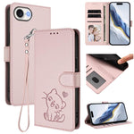 Embossed Heart Cat Leather Phone Case with Hand Strap, For iPhone 17e / 16e, For iPhone 17 Pro Max, For iPhone 17 Pro, For iPhone 17