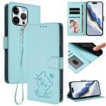 Embossed Heart Cat Leather Phone Case with Hand Strap, For iPhone Air, For iPhone 16 Pro Max, For iPhone 16 Pro, For iPhone 16 Plus