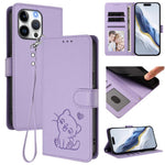 Embossed Heart Cat Leather Phone Case with Hand Strap, For iPhone Air, For iPhone 16 Pro Max, For iPhone 16 Pro, For iPhone 16 Plus
