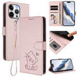 Embossed Heart Cat Leather Phone Case with Hand Strap, For iPhone 15, For iPhone 14 Plus, For iPhone 14 / 13, For iPhone 14 Pro