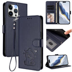 Embossed Heart Cat Leather Phone Case with Hand Strap, For iPhone 15, For iPhone 14 Plus, For iPhone 14 / 13, For iPhone 14 Pro