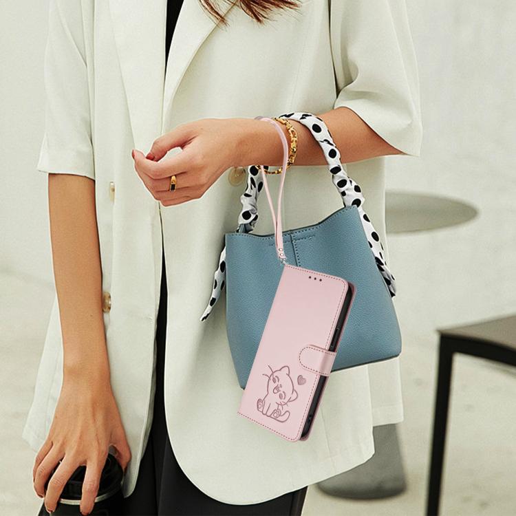 Embossed Heart Cat Leather Phone Case with Hand Strap, For iPhone 13 mini, For iPhone 12 / 12 Pro, For iPhone 12 Pro Max, For iPhone 12 mini